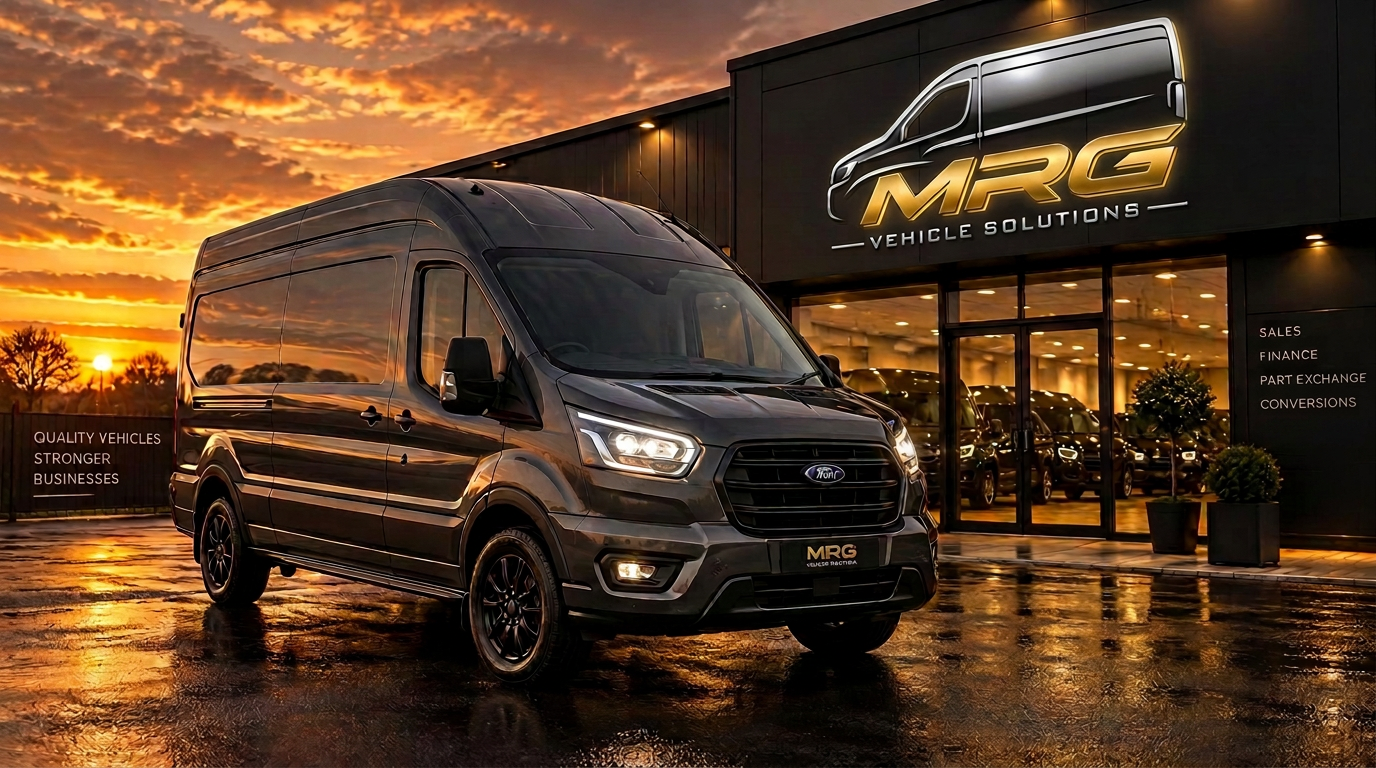 MRG Vehicle Solutions dealership at dusk with a commercial panel van outside